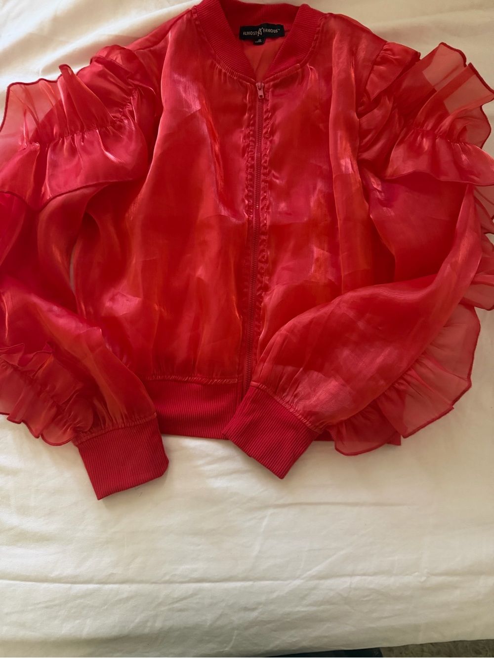 Sheer Ruffle Bomber Jacket - Red - Picture 10 of 12